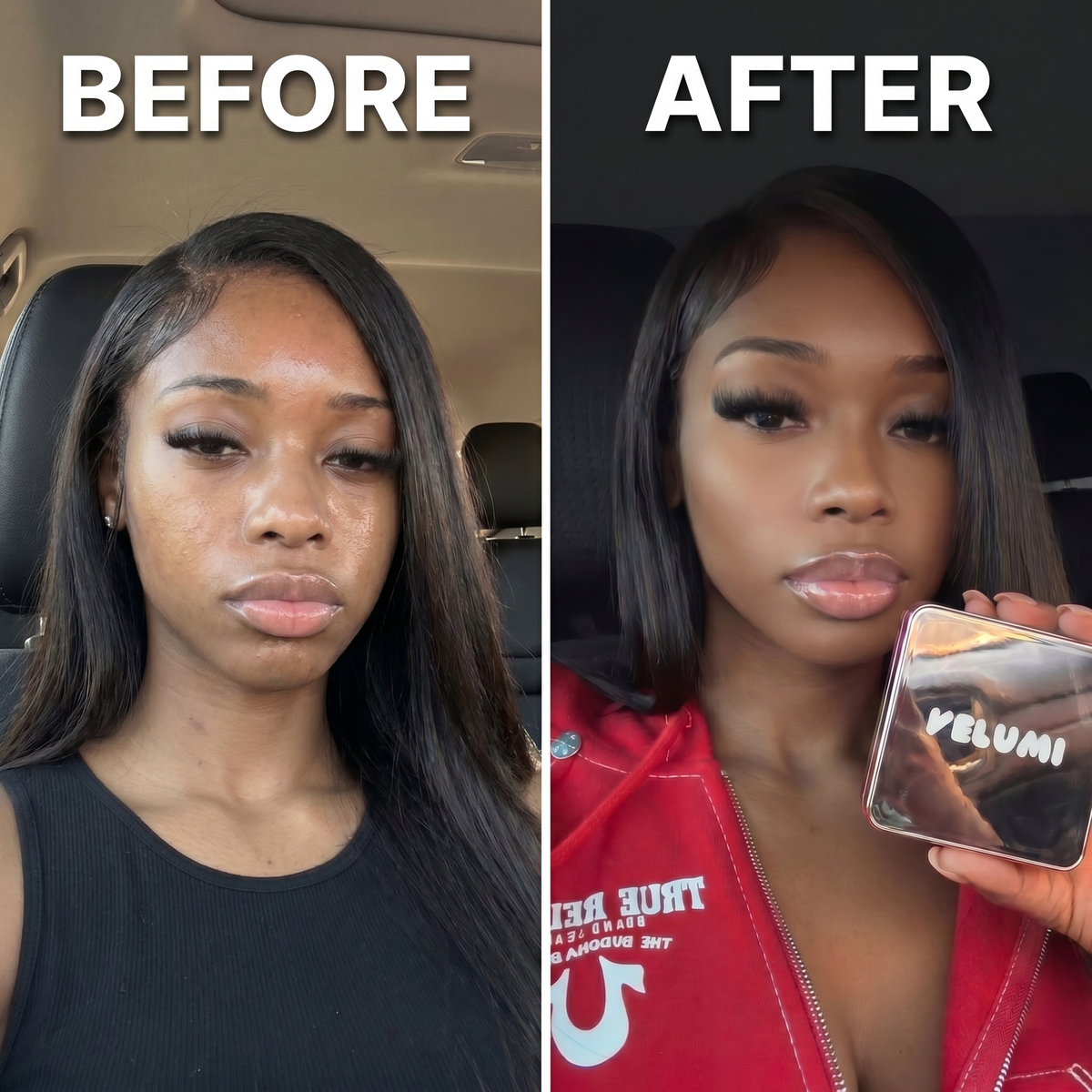 Velumi before and after result on deep skin tone